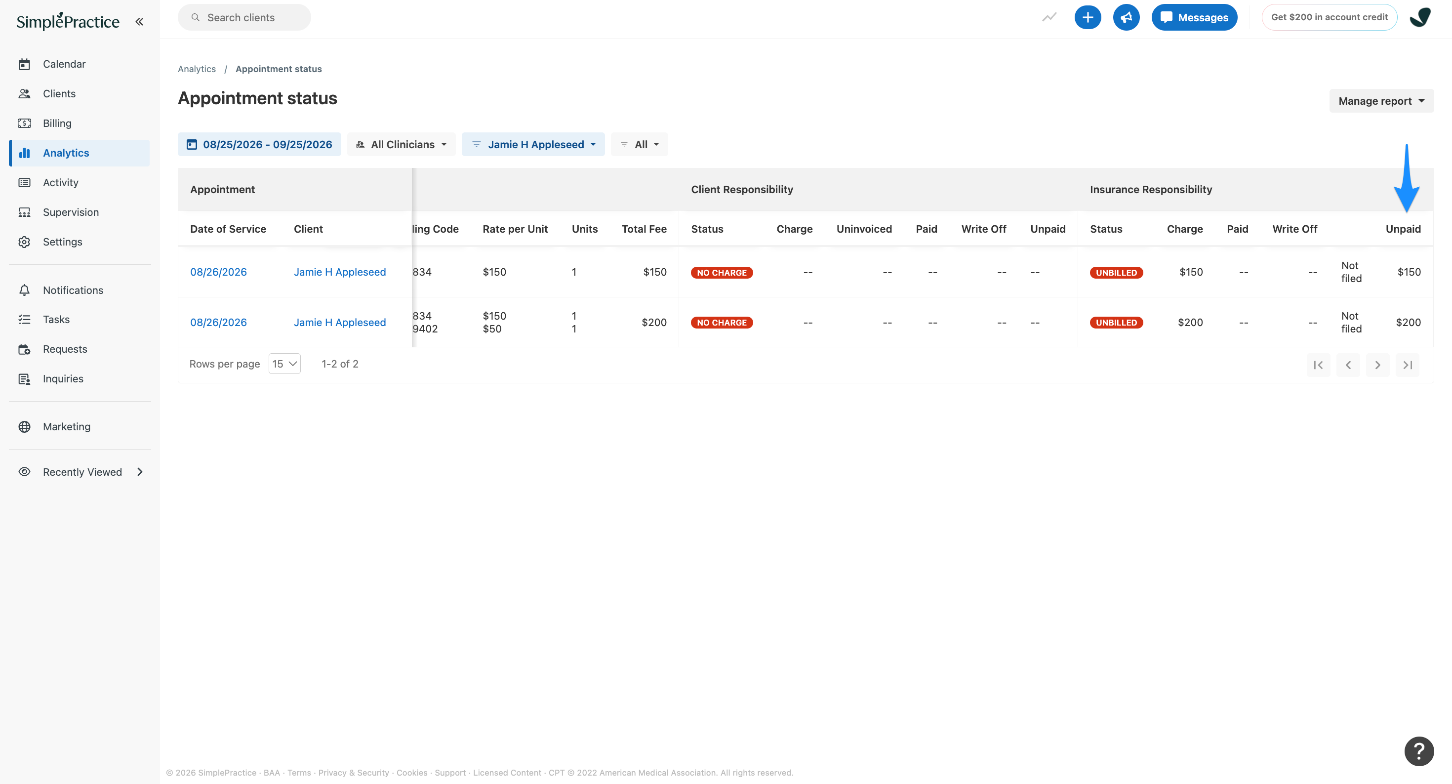 Appointment status report filtered to a single client, with a blue arrow pointing to the Unpaid column under Insurance Responsibility.