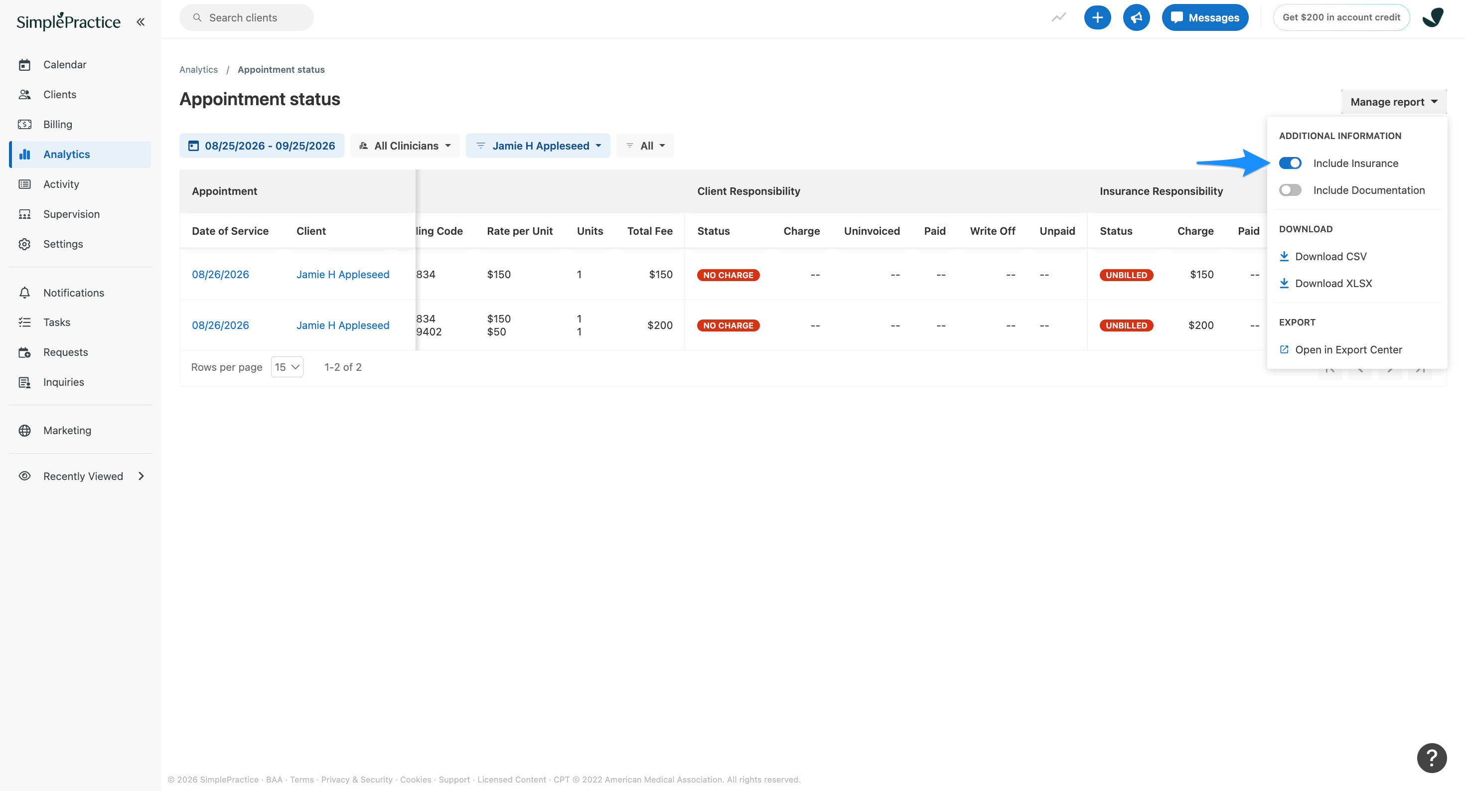 Appointment status report with the Manage report menu open and a blue arrow pointing to the enabled Include Insurance toggle.
