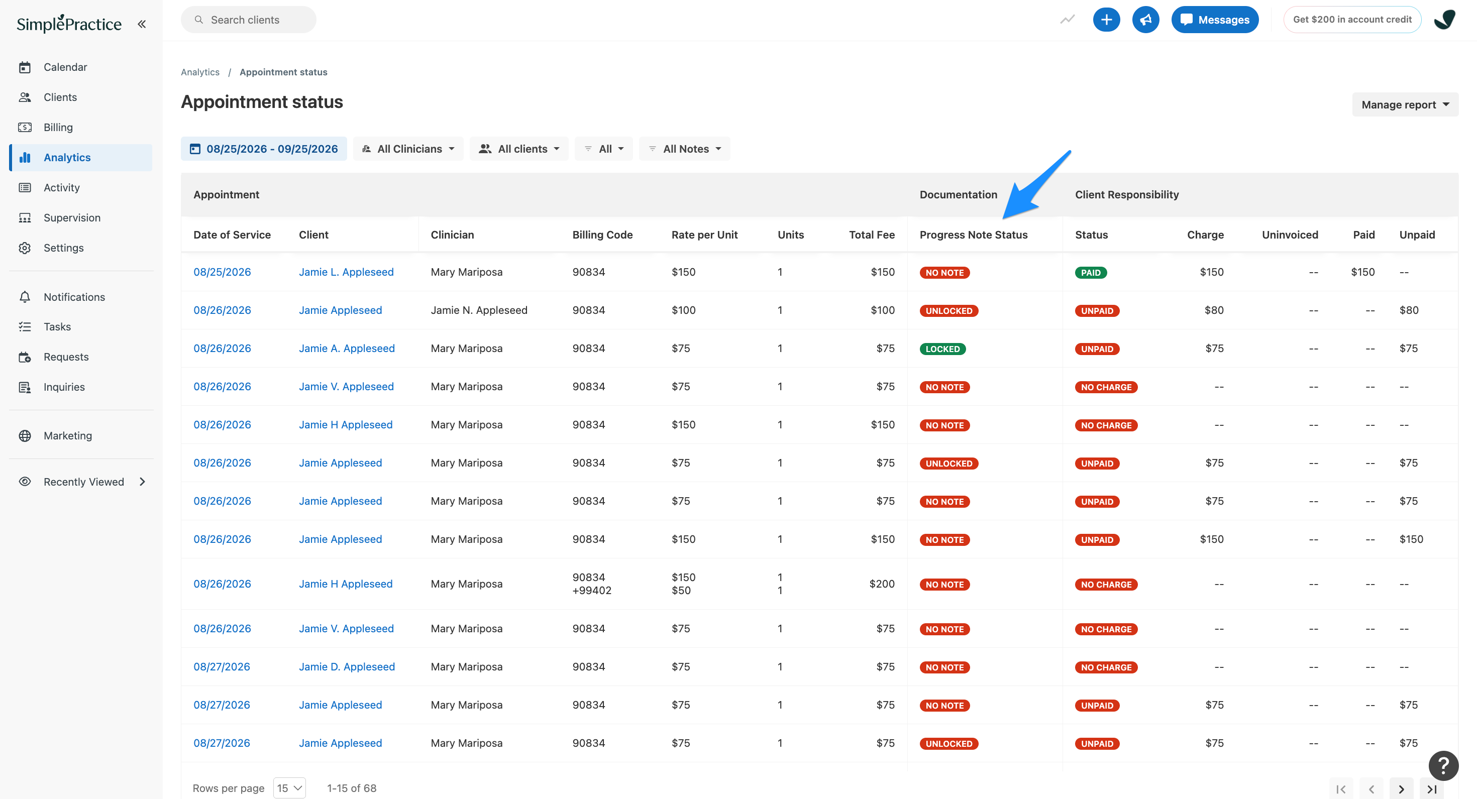 Appointment status report with a blue arrow pointing to the Progress Note Status column under Documentation.