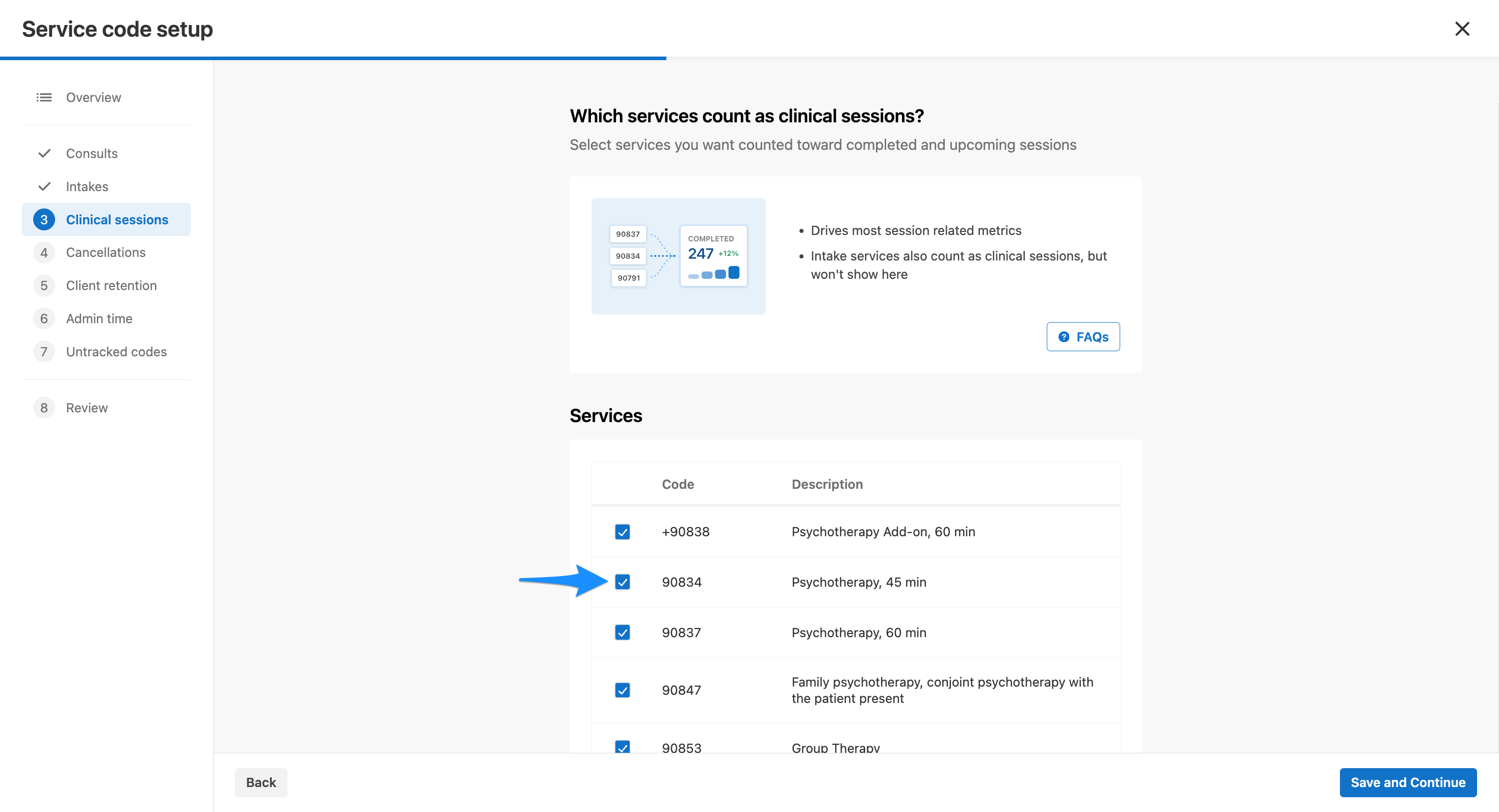 SimplePractice Service code setup screen showing selected clinical services. A blue arrow points to the checked box for service code 90834, Psychotherapy, 45 min.