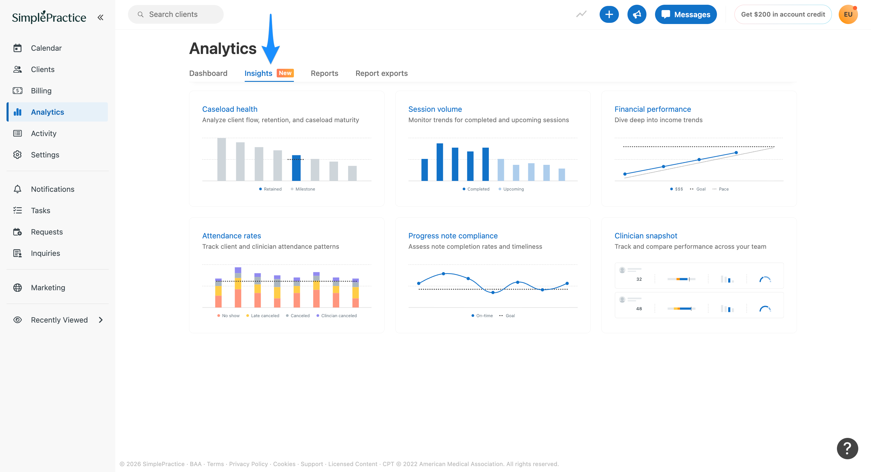 SimplePractice Analytics page showing the Insights dashboard. A blue arrow points to the Insights tab.
