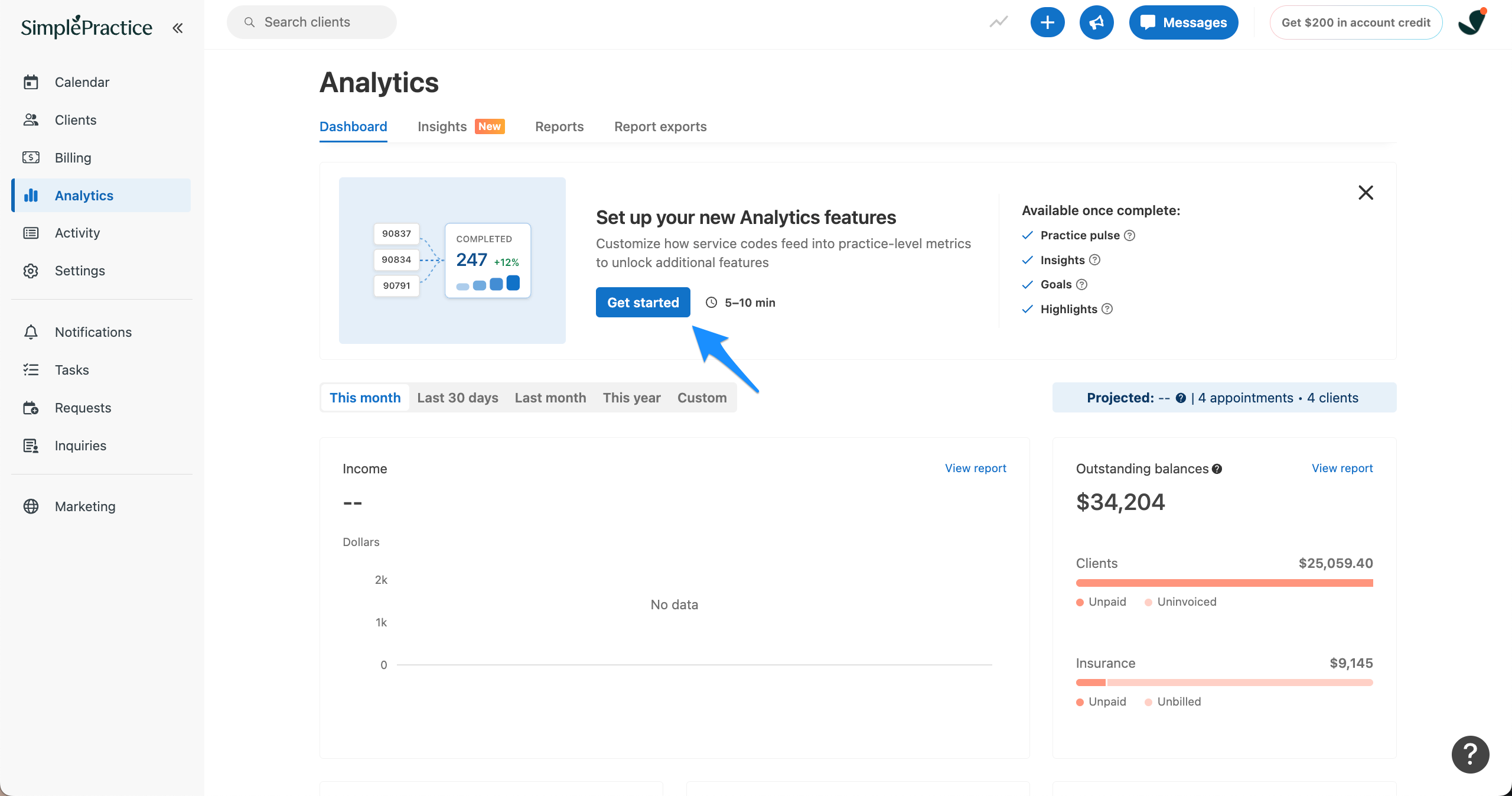SimplePractice Analytics dashboard showing the new Analytics features setup banner. A blue arrow points to the Get started button.