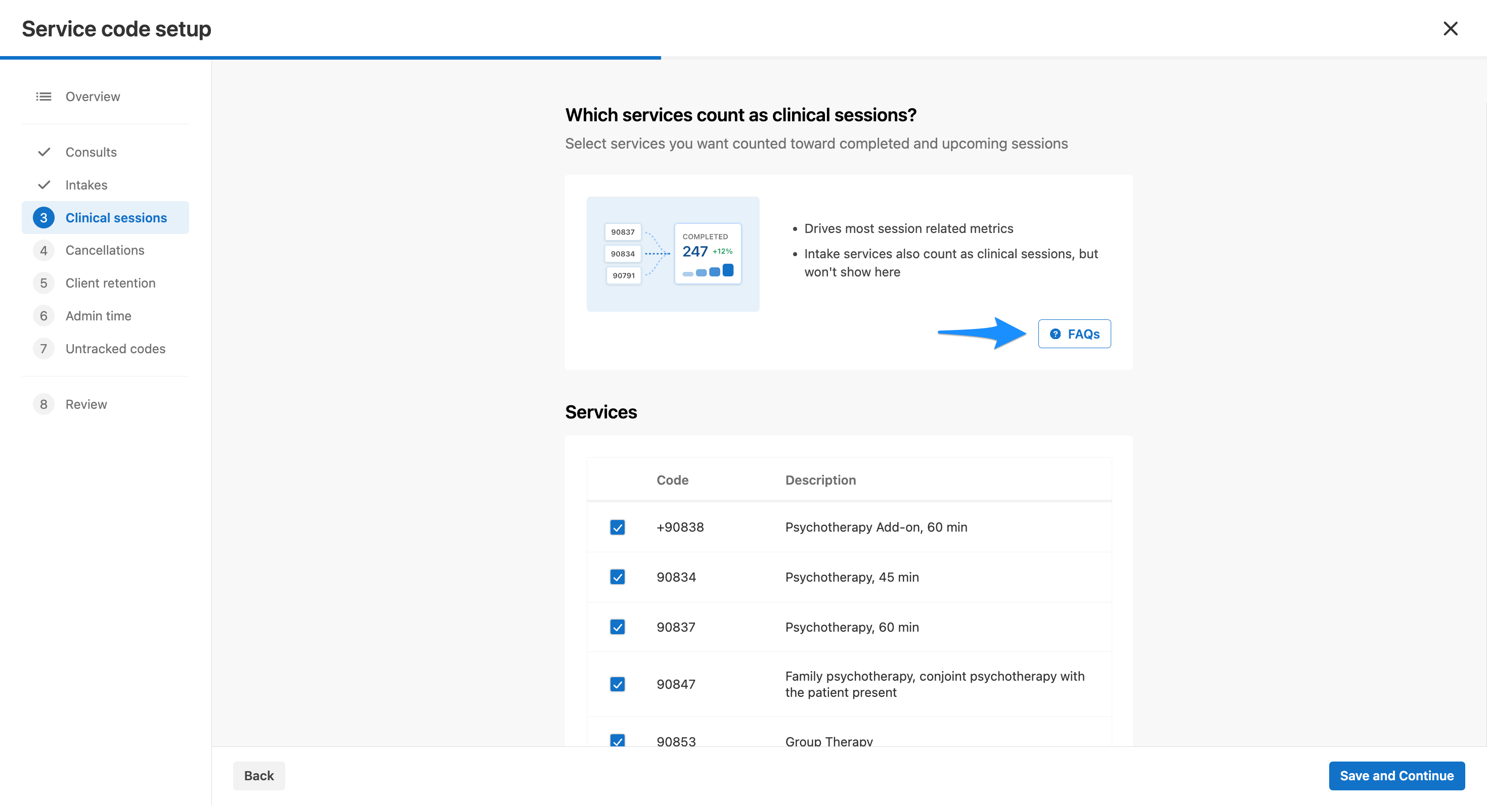 SimplePractice Service code setup screen showing the Clinical sessions step. A blue arrow points to the FAQs button.