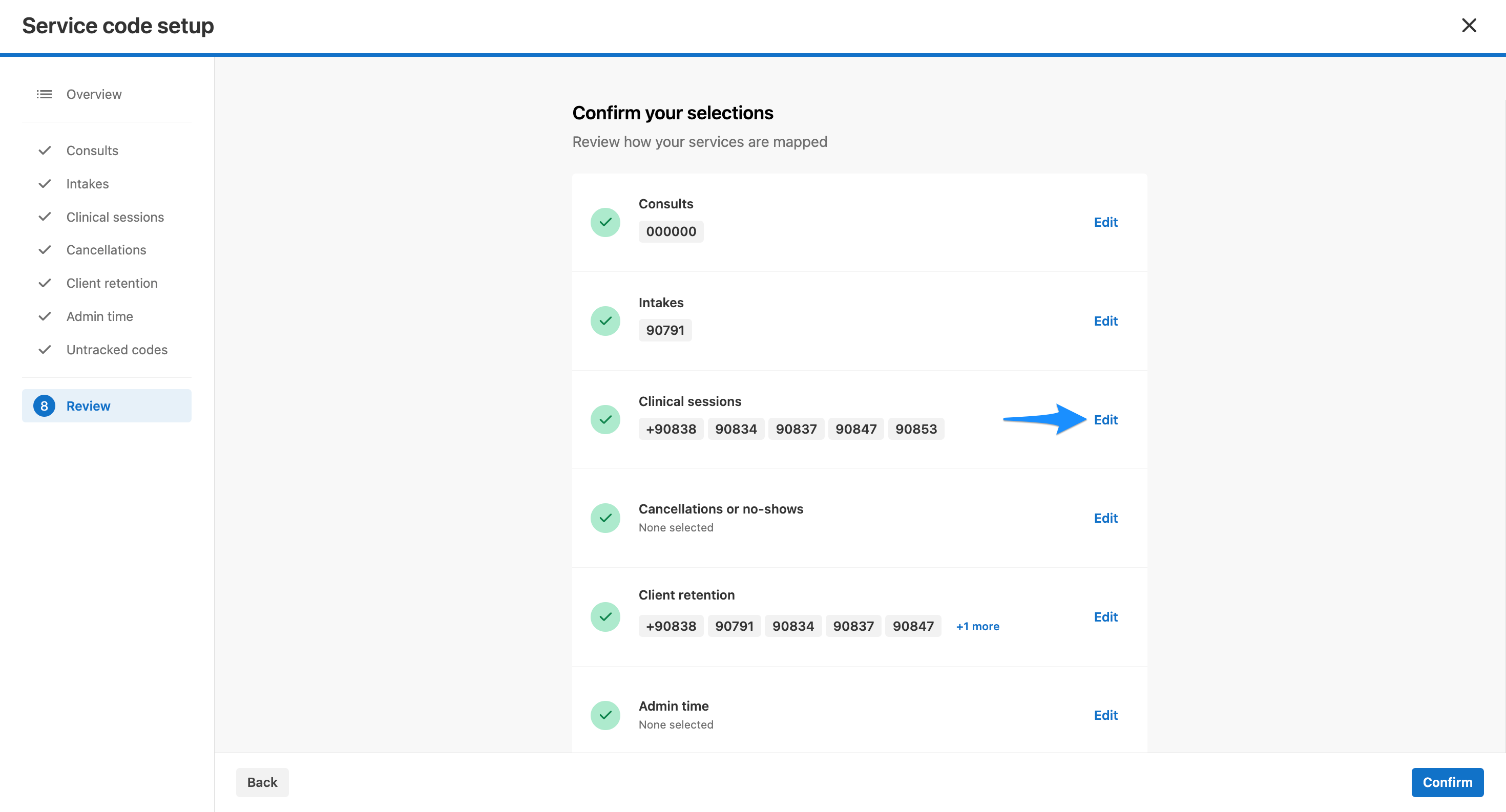 SimplePractice Service code setup Review screen. A blue arrow points to the Edit link for Clinical sessions.