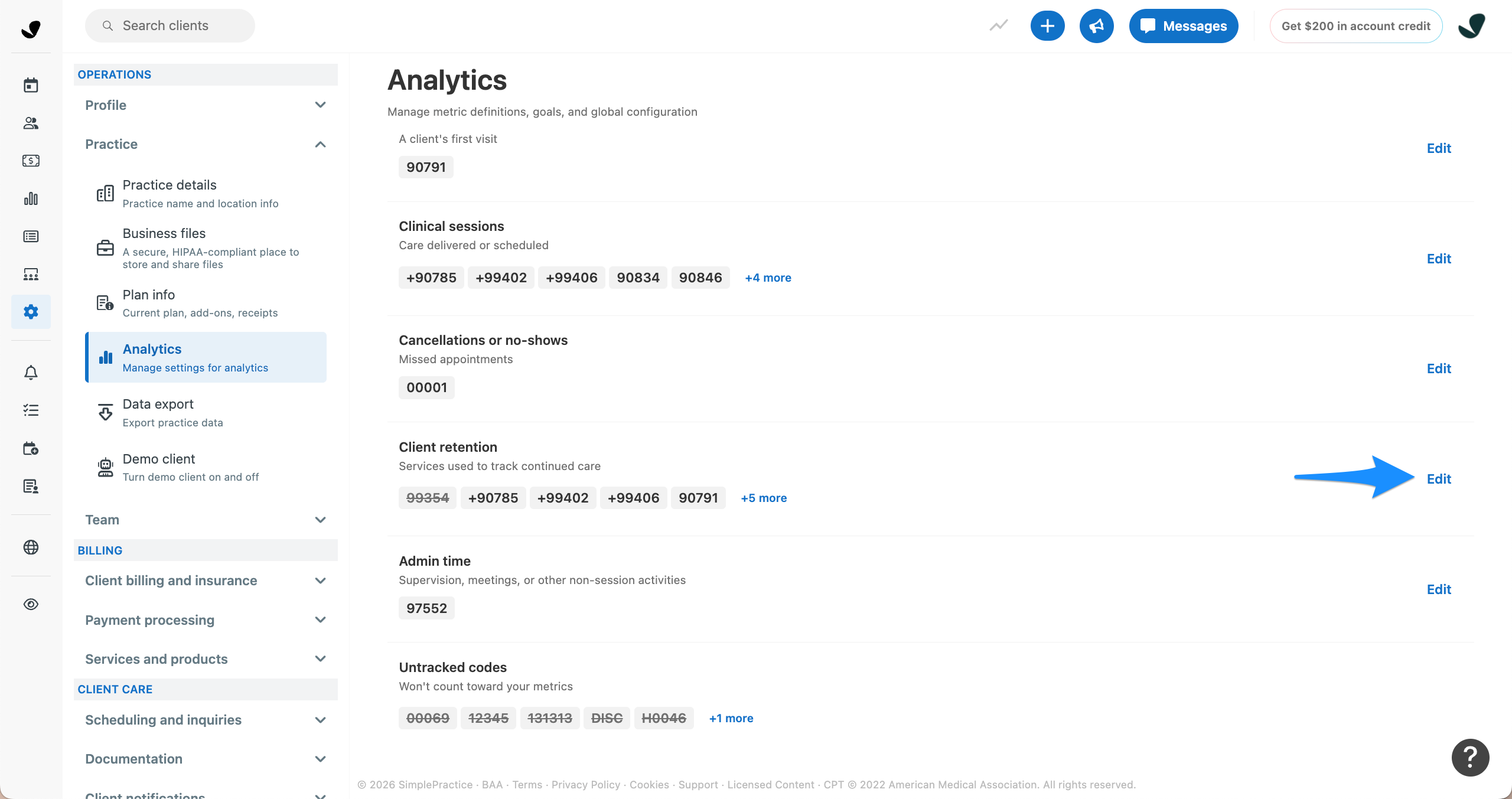 SimplePractice Analytics settings page. A blue arrow points to the Edit link for Client retention service code mapping.
