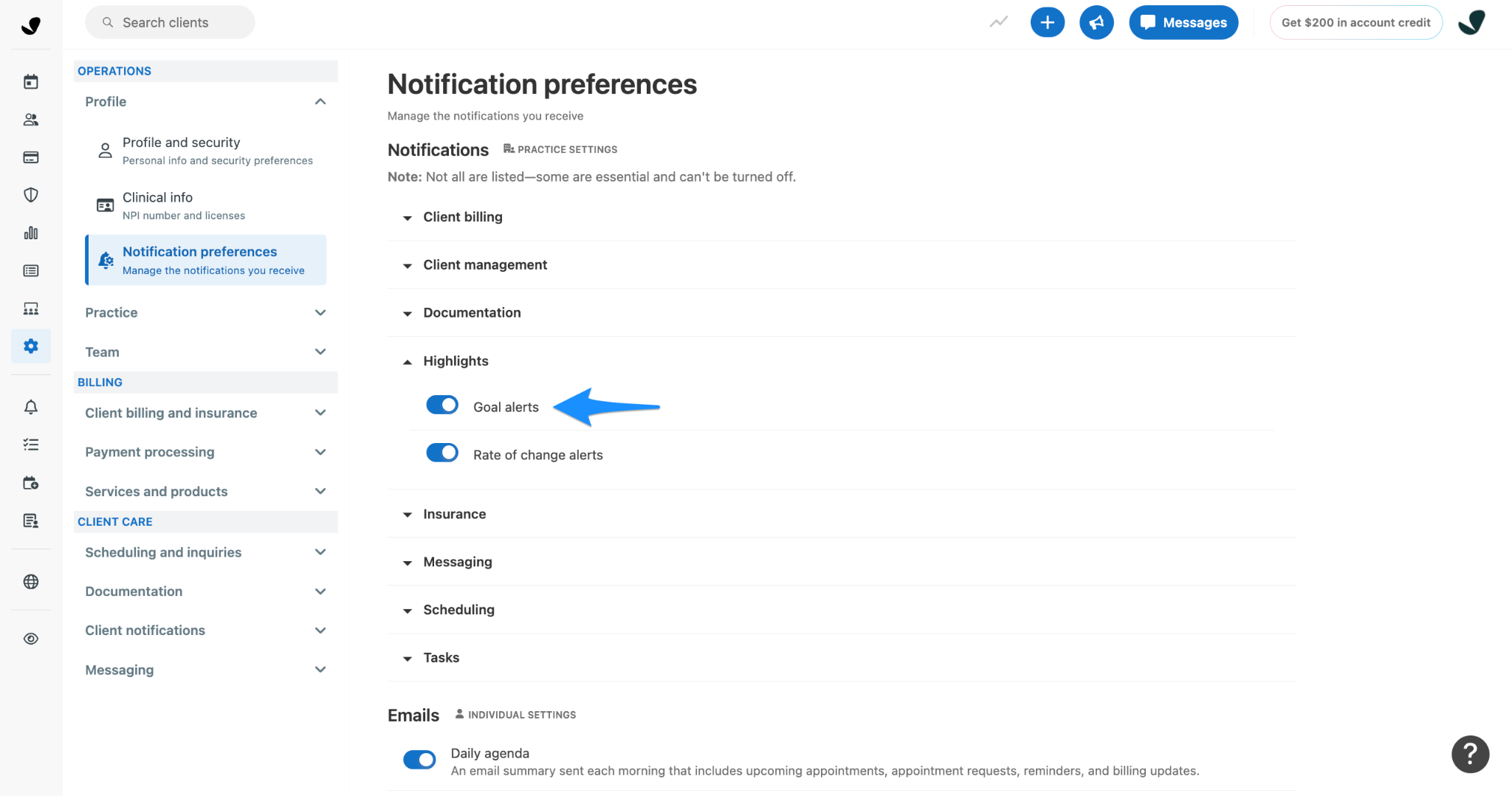 SimplePractice Notification preferences page with Highlights expanded. A blue arrow points to the enabled Goal alerts toggle.