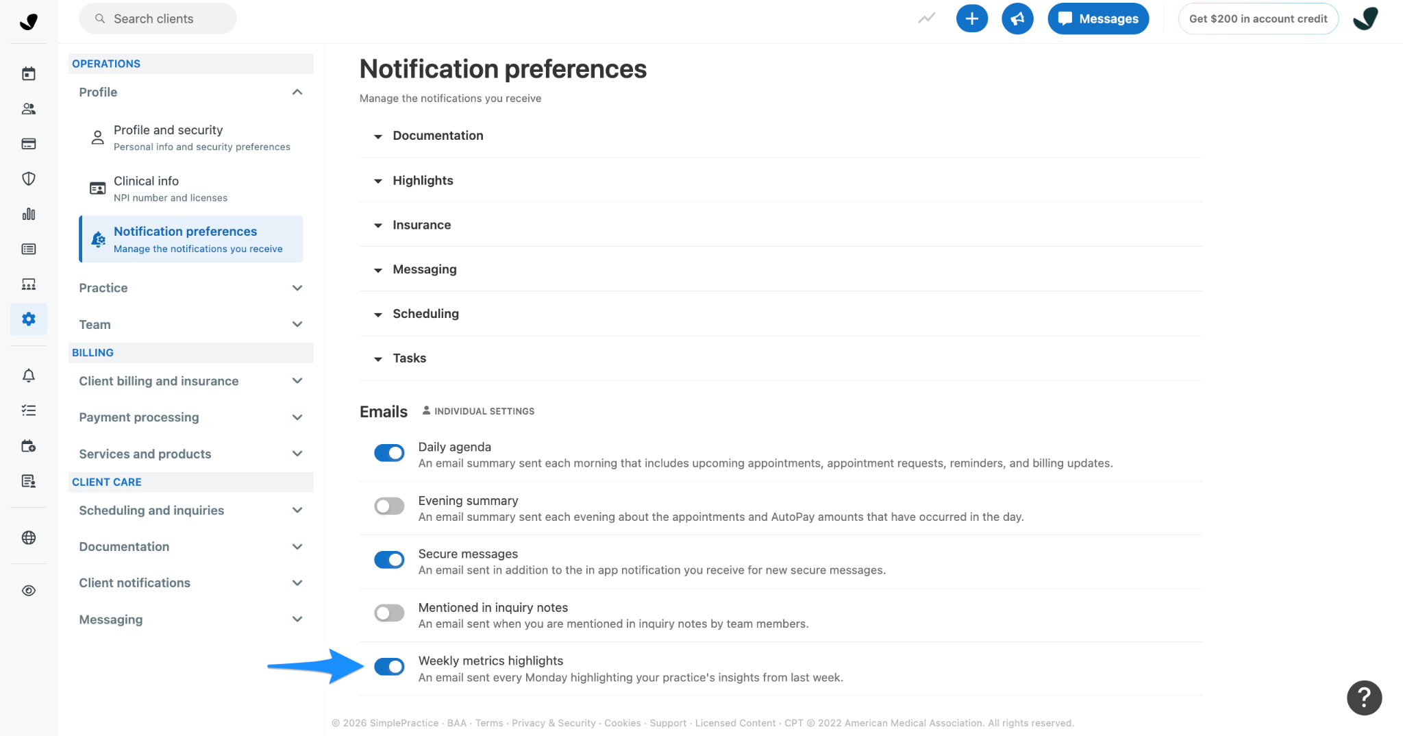 SimplePractice Notification preferences page. A blue arrow points to the enabled Weekly metrics highlights email toggle.