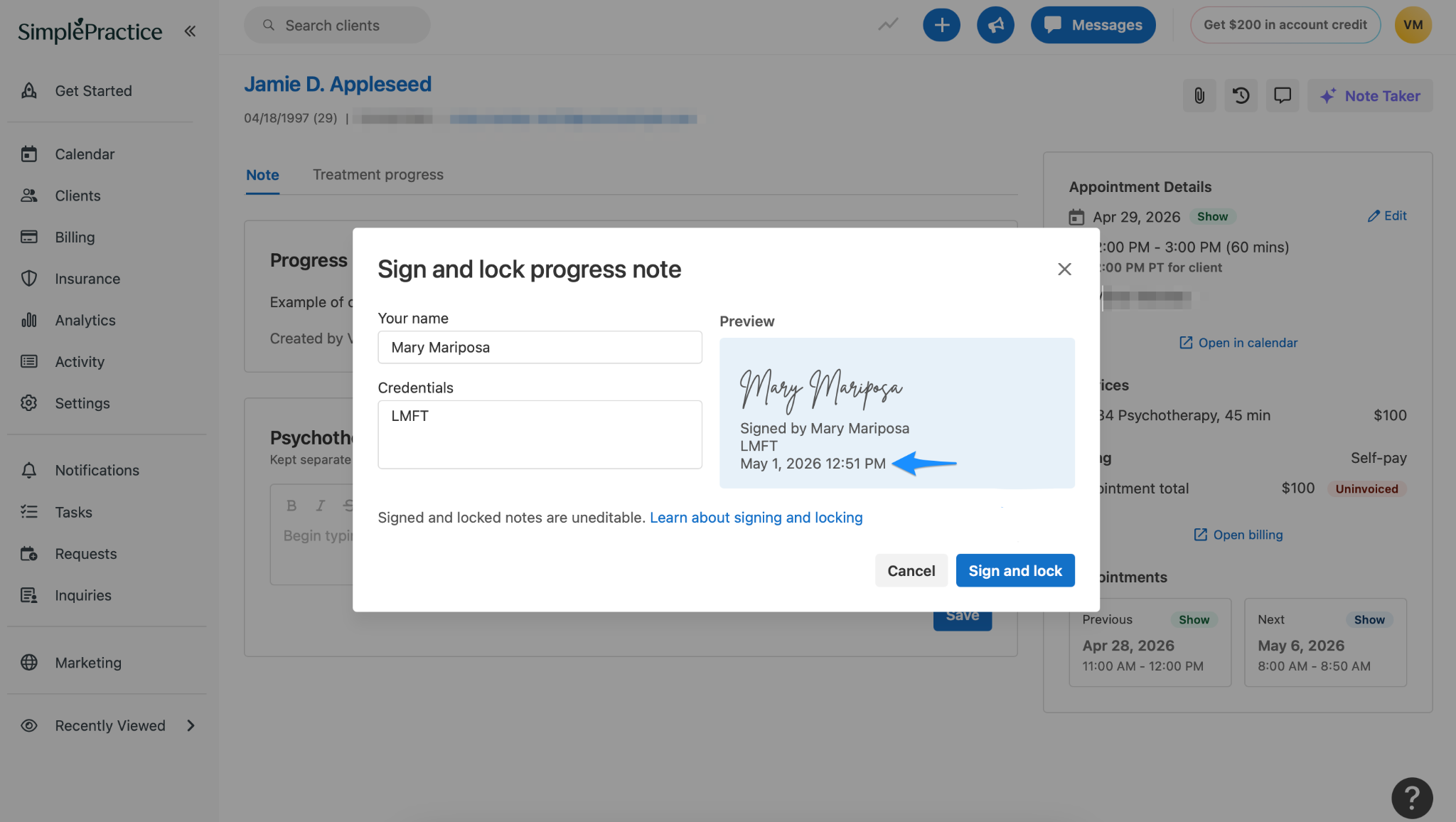 SimplePractice Sign and lock progress note dialog. A blue arrow points to the signature preview timestamp showing May 1, 2026, at 12:51 PM, beneath Mary Mariposa’s signature and LMFT credentials.