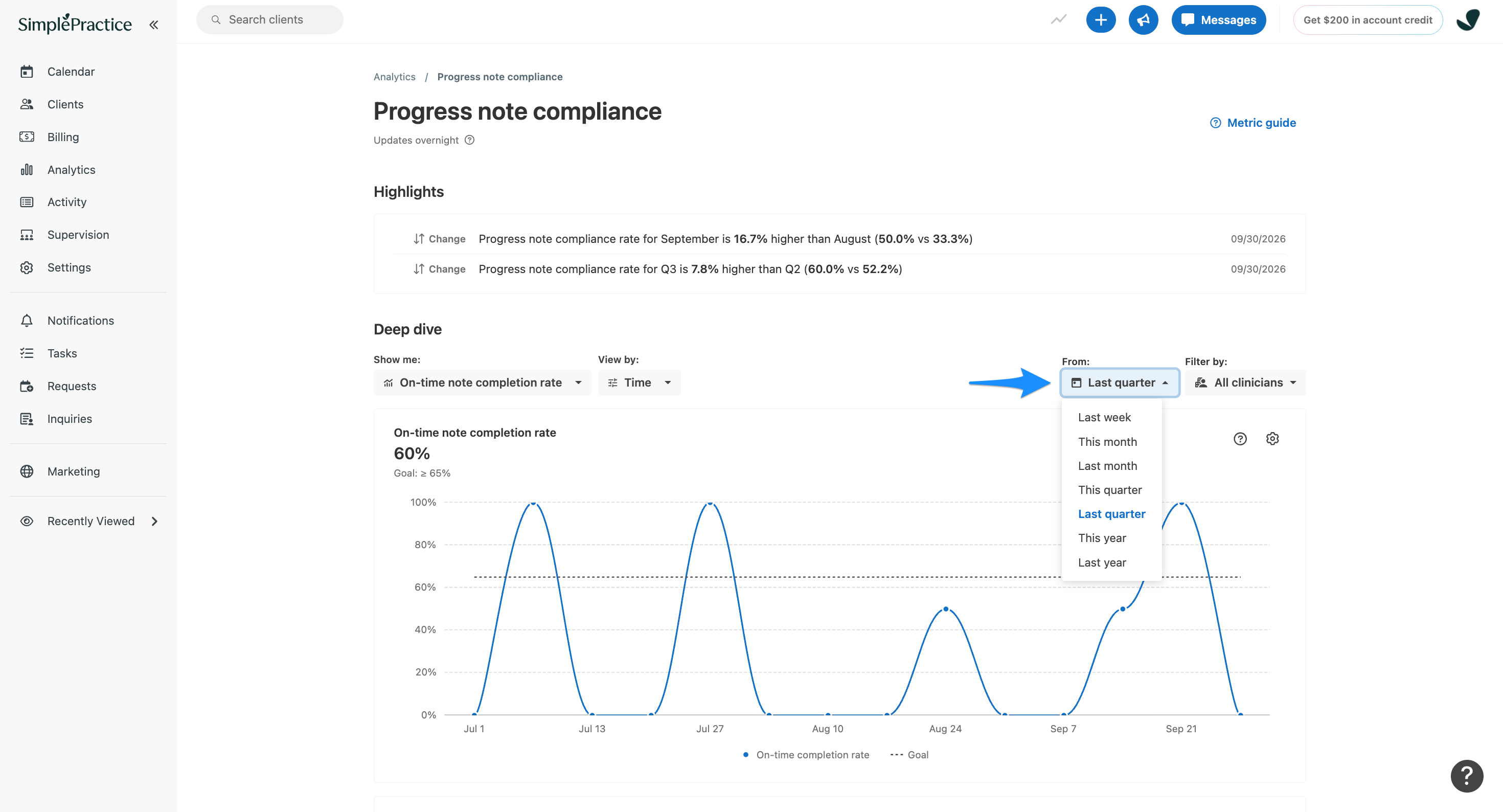 SimplePractice Progress note compliance page. A blue arrow points to the From dropdown, expanded to show date range options with Last quarter selected.