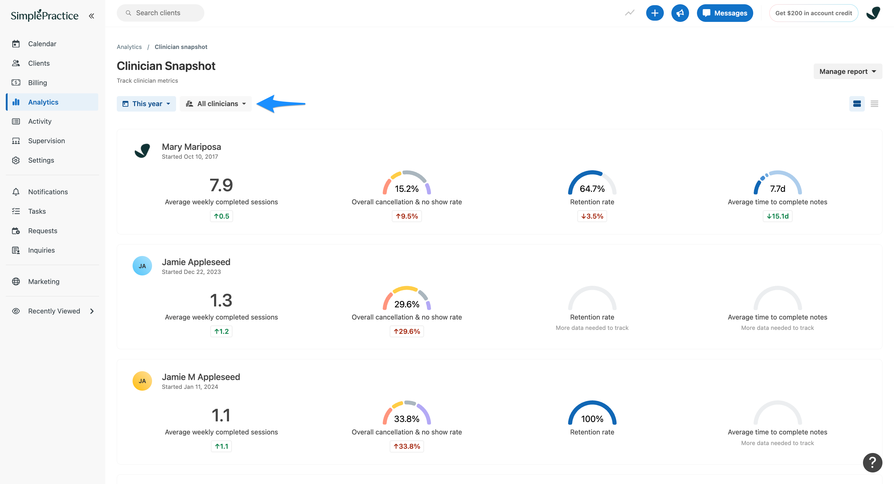 Clinician Snapshot report displaying performance metrics for multiple clinicians. The blue arrow points to the All clinicians dropdown, which allows users to filter the report by clinician.