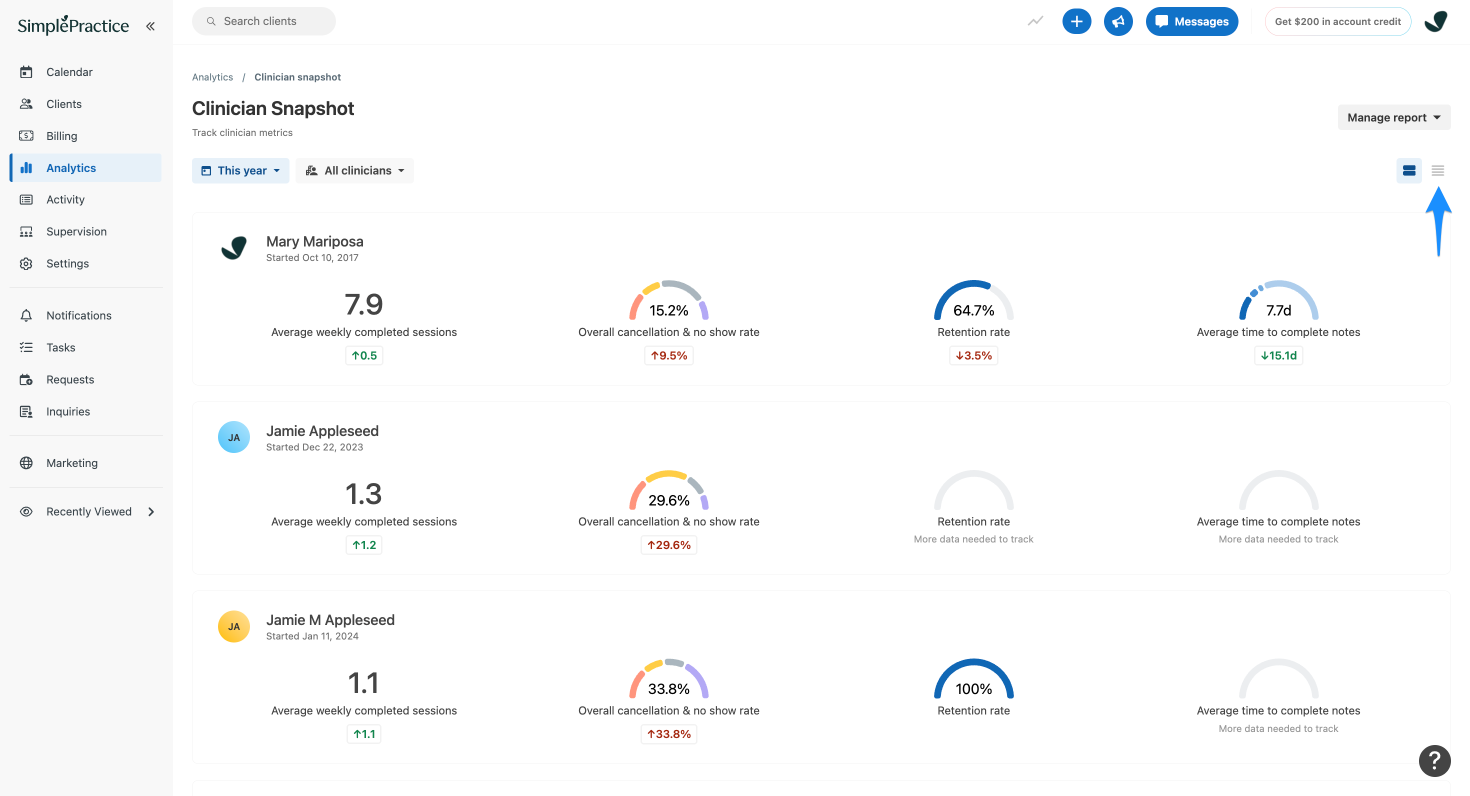 Clinician Snapshot report displaying clinician performance cards. A blue arrow points to the table view icon in the upper-right corner.