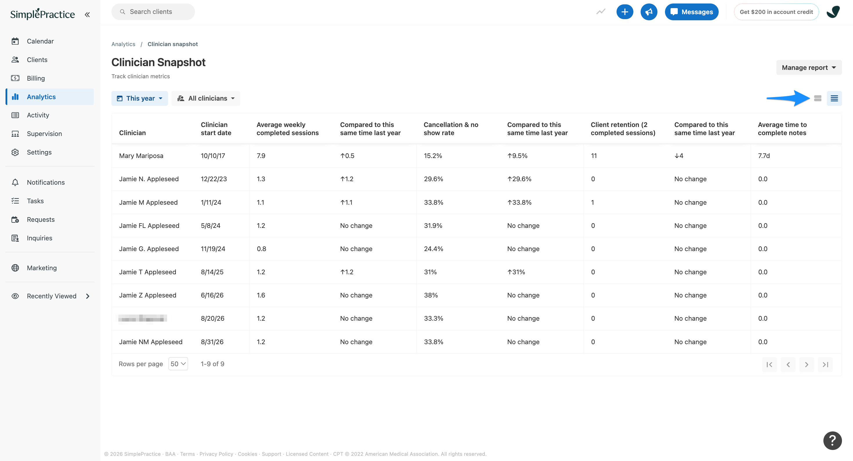 Clinician Snapshot report displaying clinician performance metrics in a table. The blue arrow points to the two line icon in the upper-right corner, which switches the report from a table to card view.
