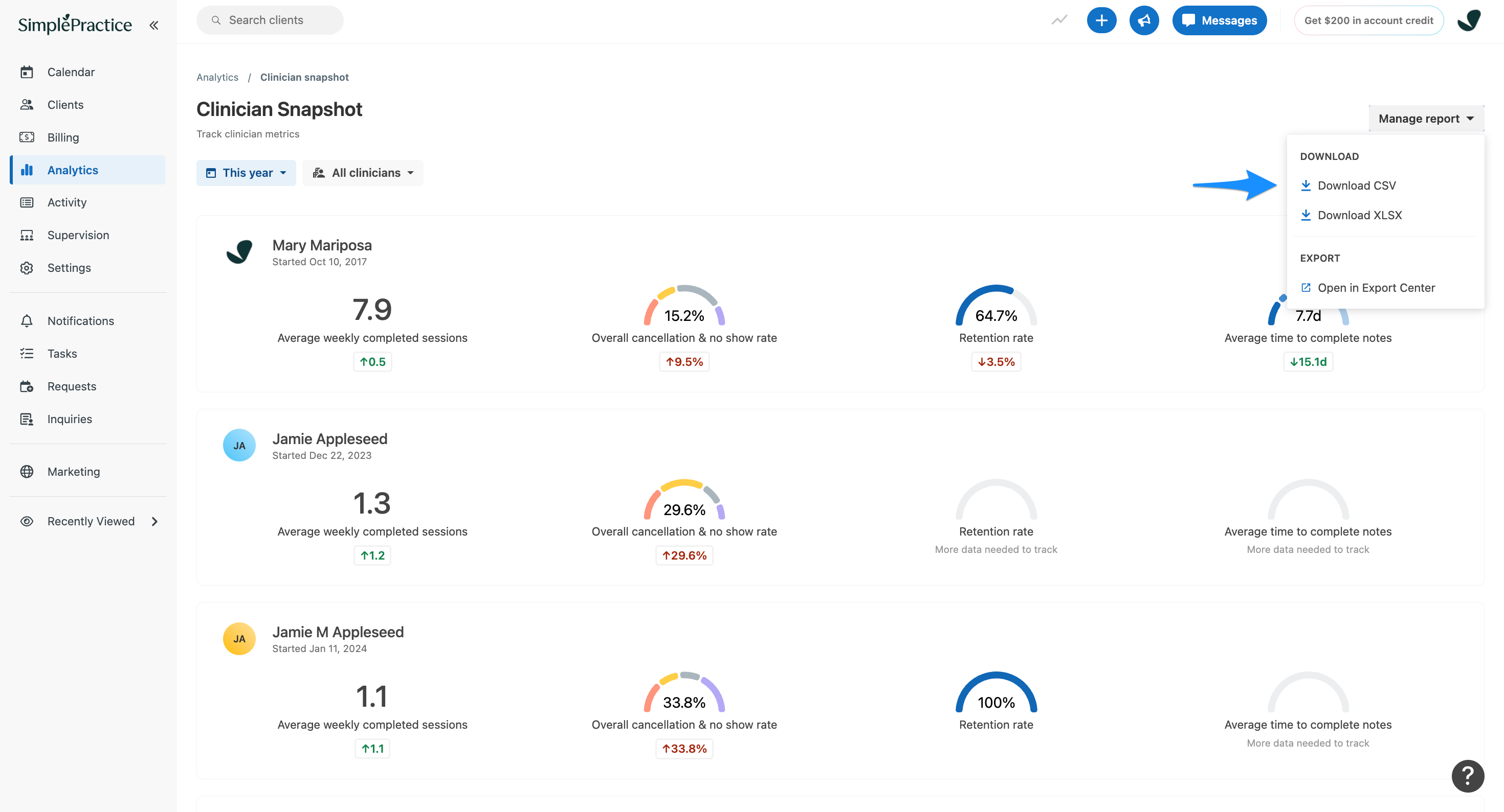 Clinician Snapshot report with the Manage report menu expanded. The blue arrow points to the export options, including Download CSV, Download XLSX, and Open in Export Center.