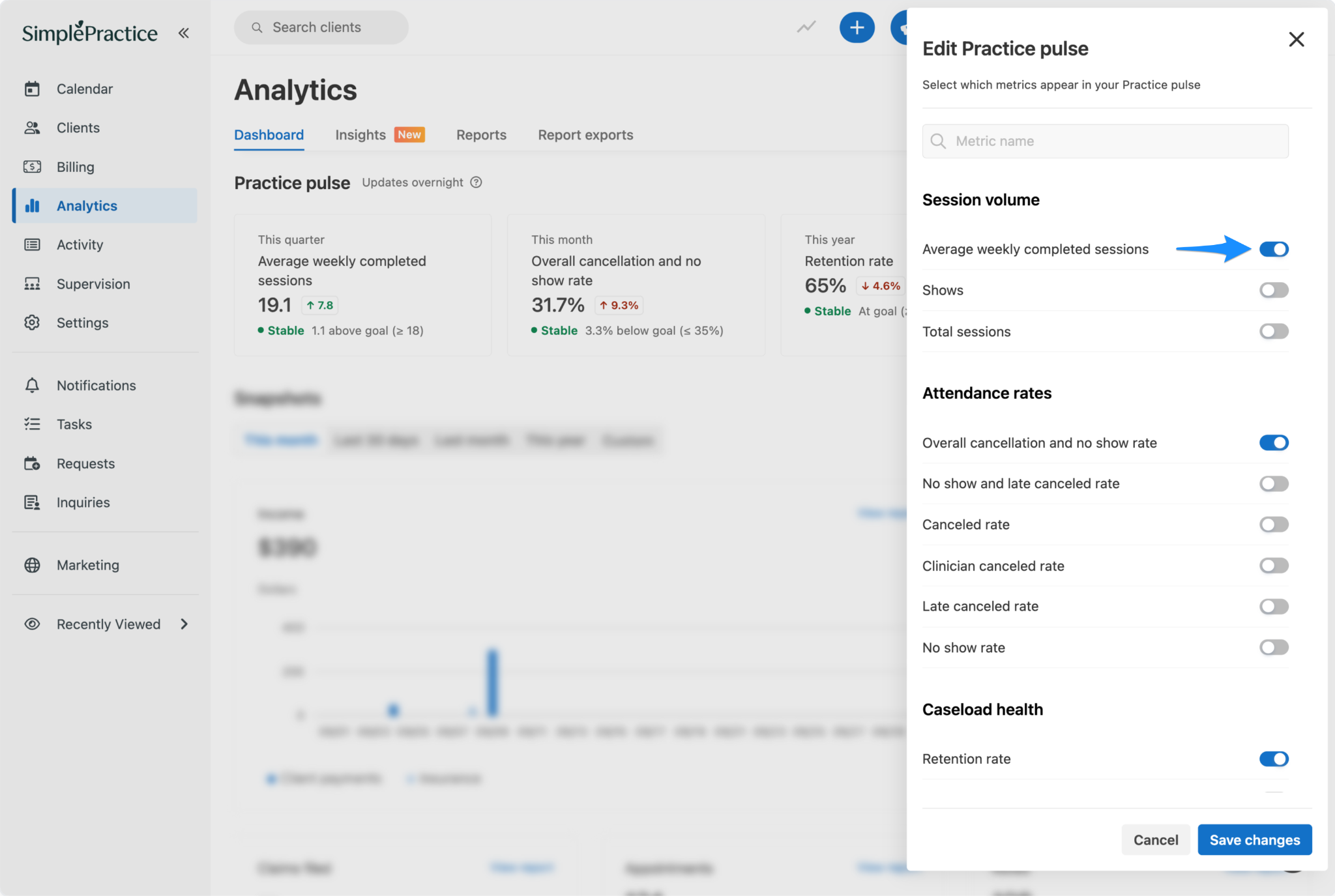 SimplePractice Analytics dashboard showing the Edit Practice pulse panel. A blue arrow points to the enabled toggle for Average weekly completed sessions under Session volume.