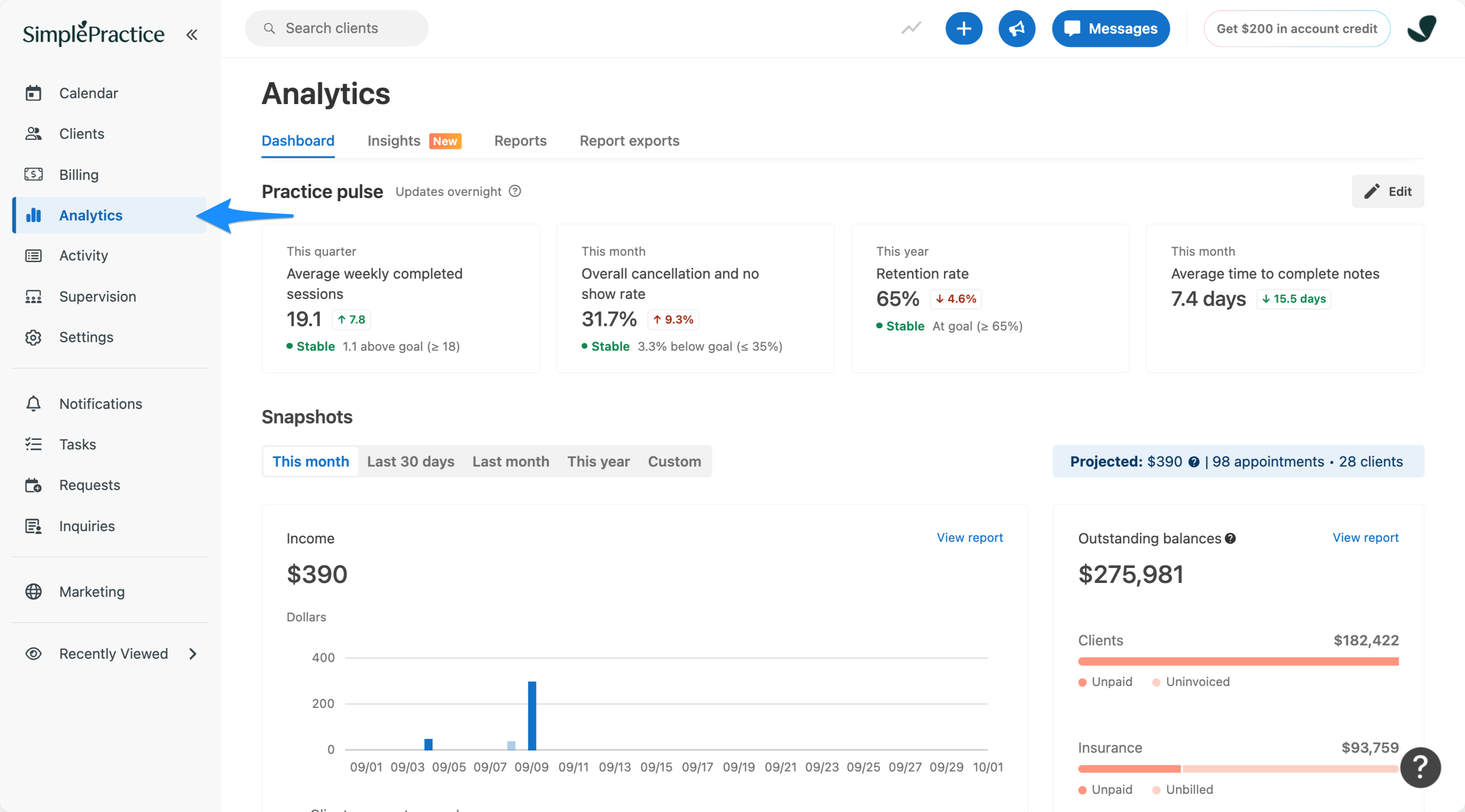 Blue arrow pointing to the Analytics option in the left navigation menu of SimplePractice.
