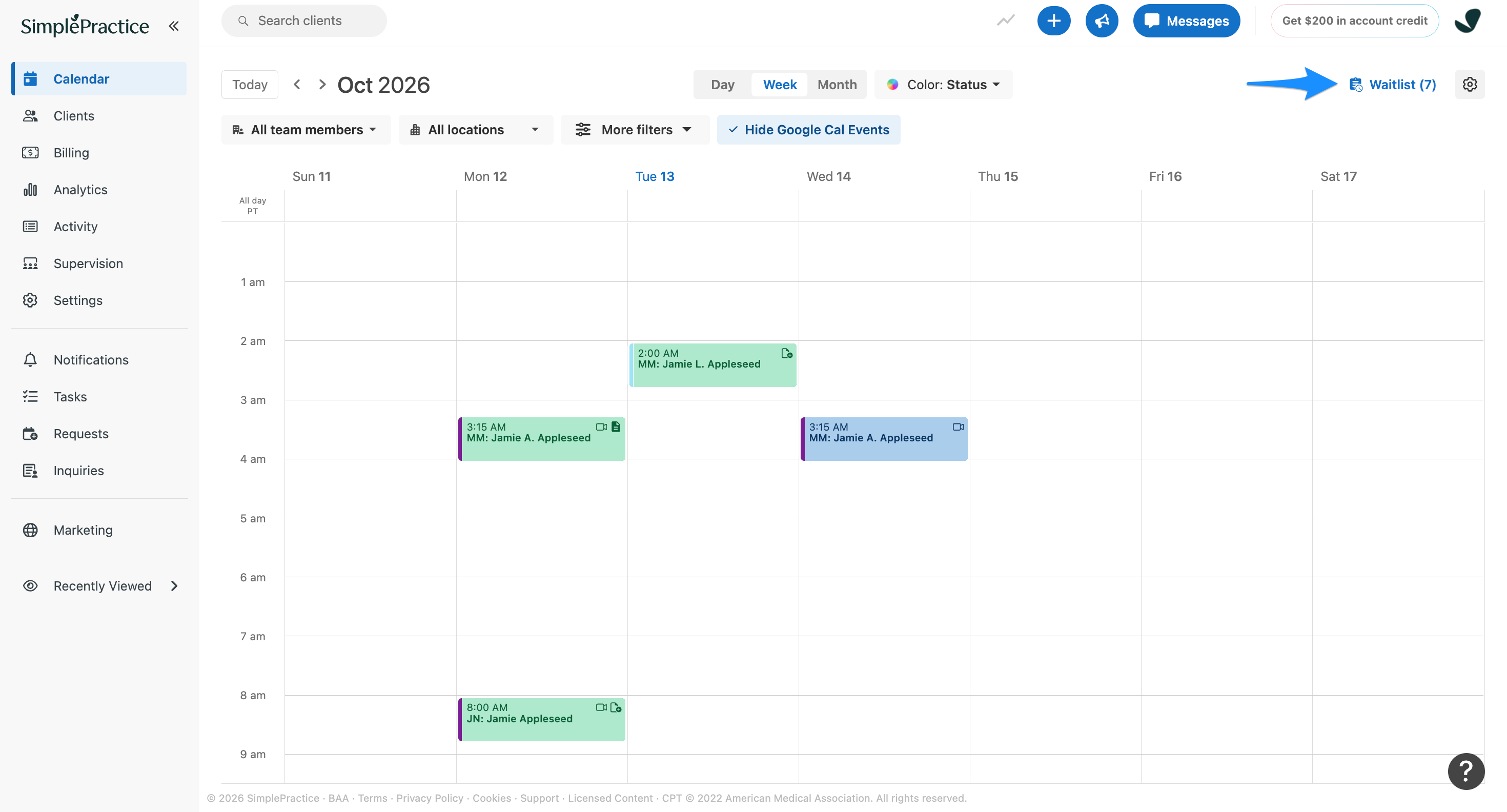 Waitlist page accessed from Calendar in SimplePractice
