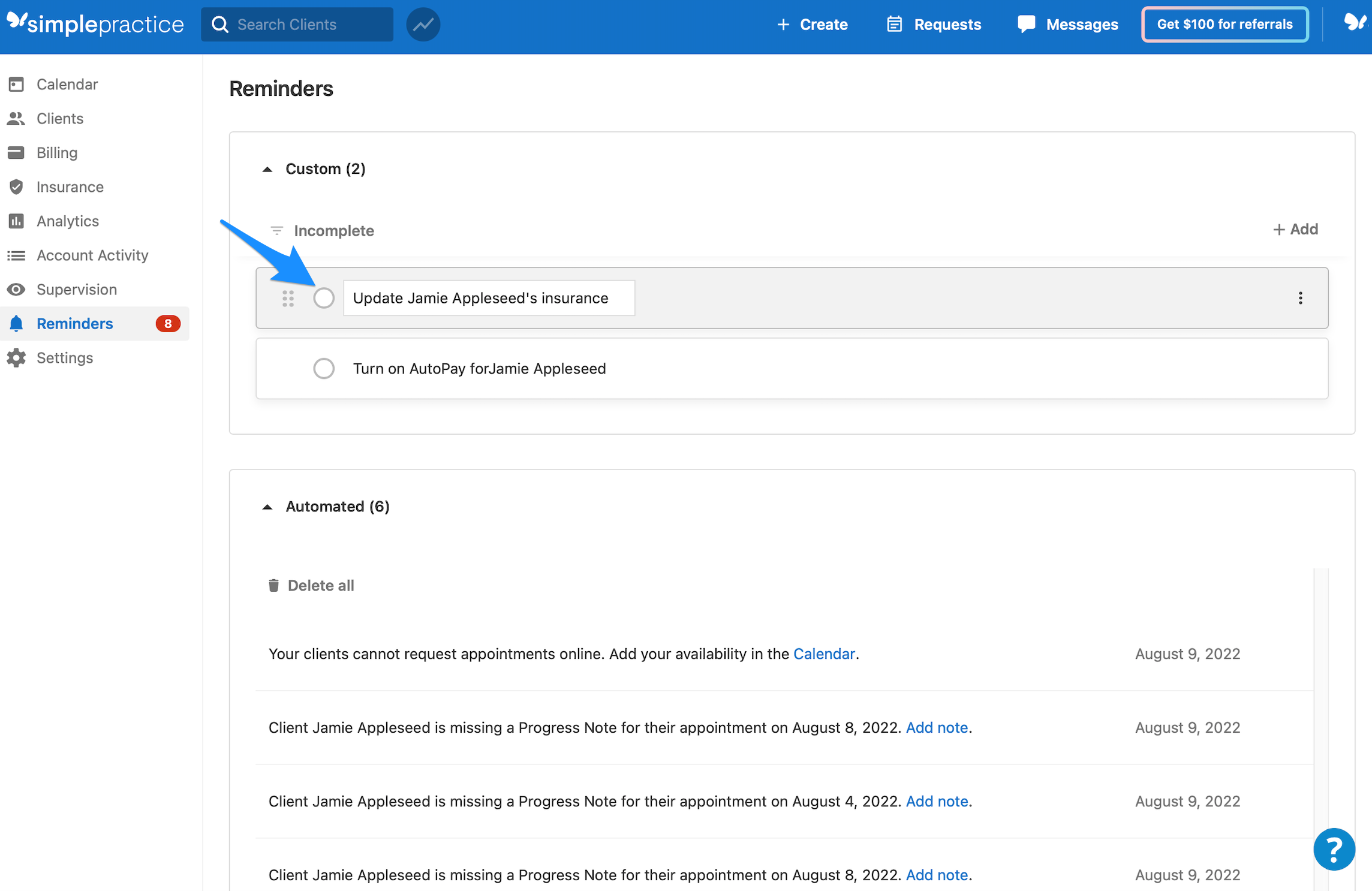 Using practice reminders – SimplePractice Support